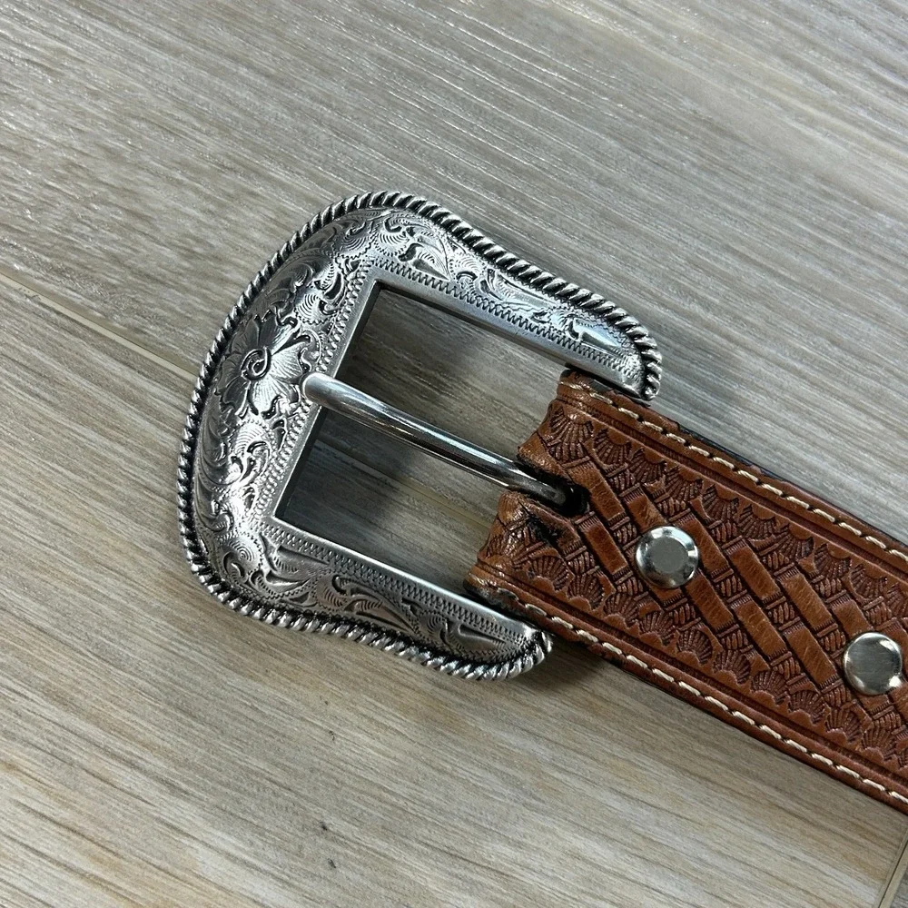 NOCONA Men 26 Leather Calf Hair-On-Hide Blue Crystals Concho Western Cowboy Belt
